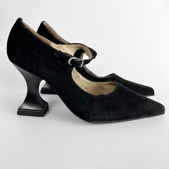 John Fluevog Suede Leather Pointed Square Toe Chunky Curve Heel Mary Jane Witchy - Picture 2 of 8